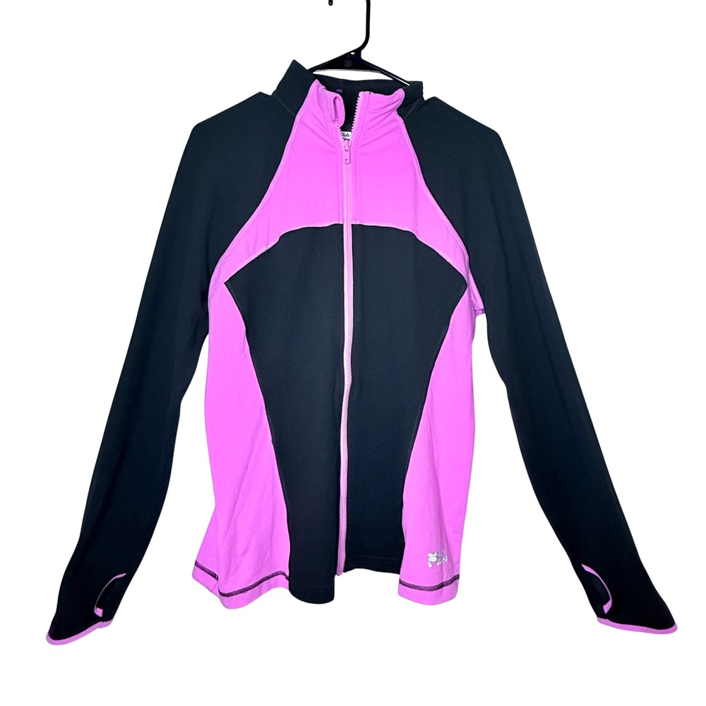 Fila Sport Track Jacket Womens XL Black Pink Full Zip Thumbholes Athleisure